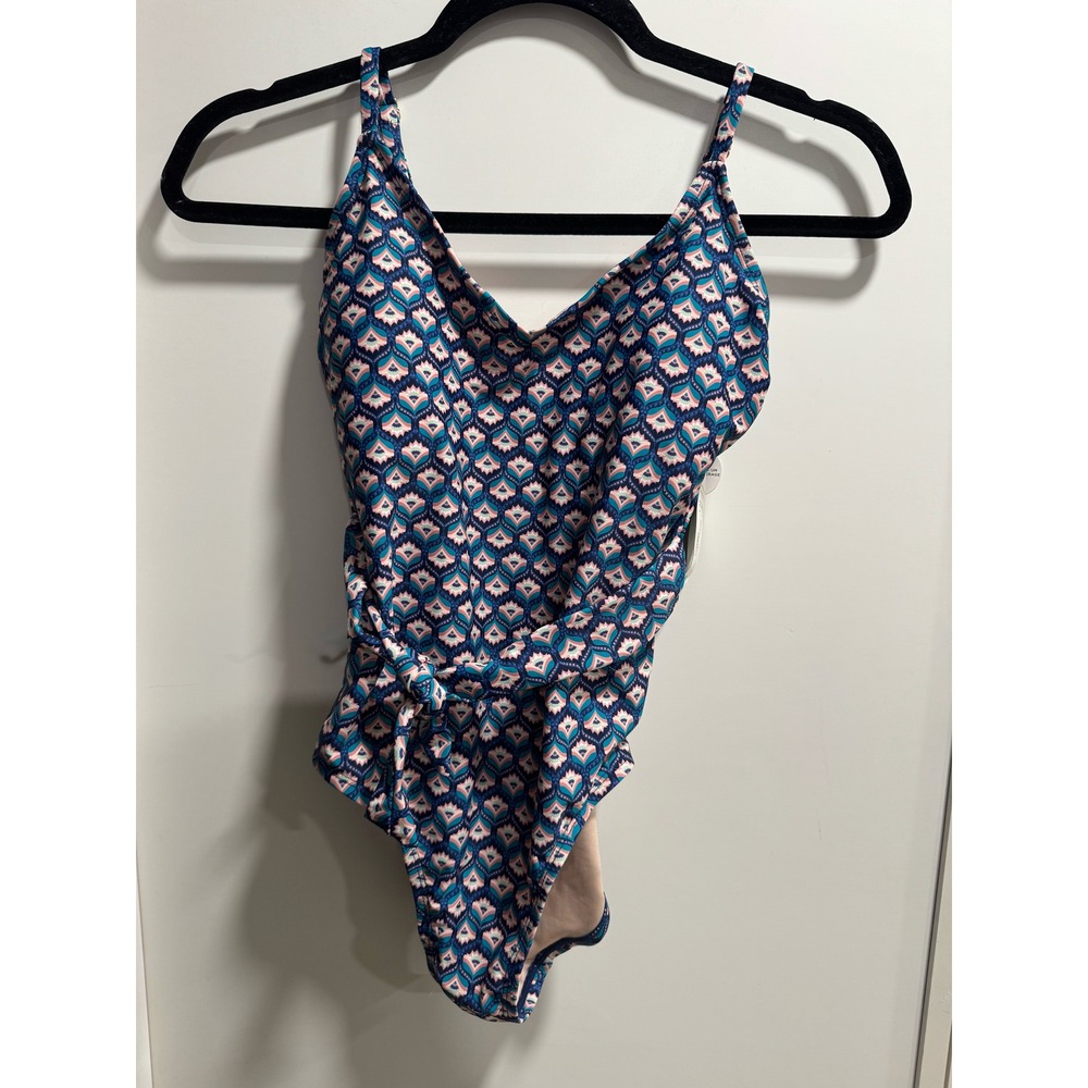 Mynah Deco Memoire One Piece Swimsuit Blue Pink‎ Geometric V-Neck Sash XS NWT